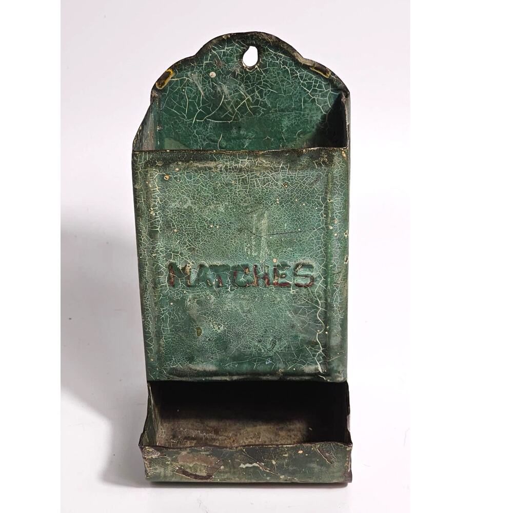 ~ Green Match Box Holder ~ Authentic Patina~ Rustic Farmhouse 40s